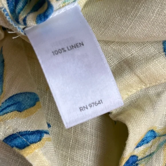 Light 4x Yellow  Pintuck Blouse with Blue Leaf Print. 💯 linen NWT. - Picture 8 of 10